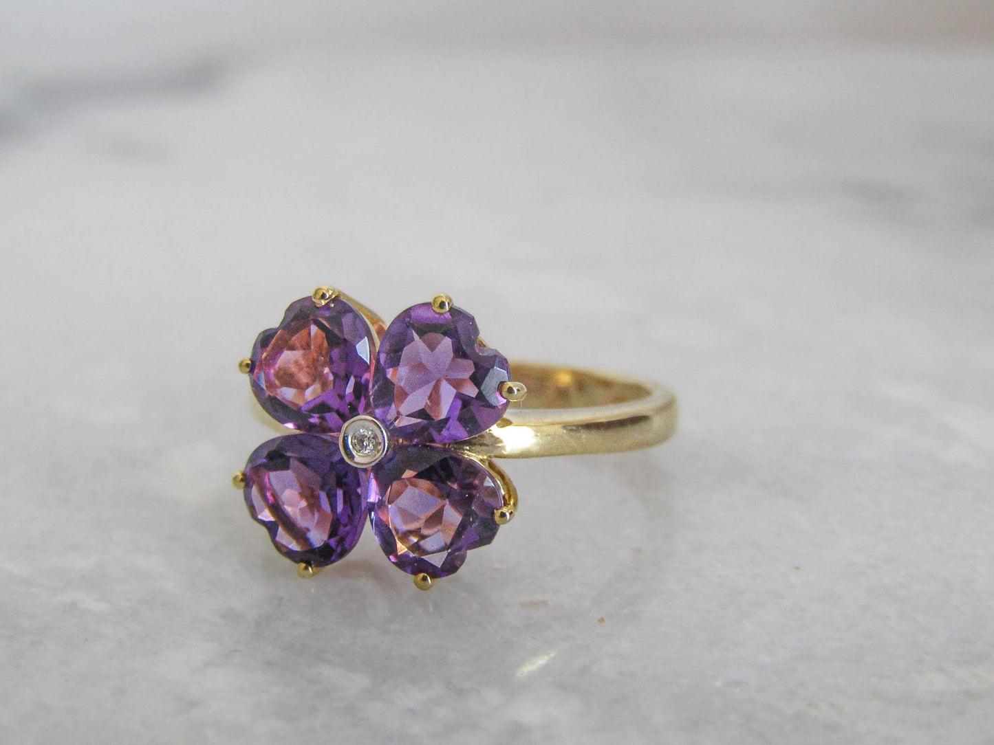 Vintage 18K Amethyst and Diamond Four Leaf Clover Lucky Ring, Heart Cut Amethyst Statement Ring