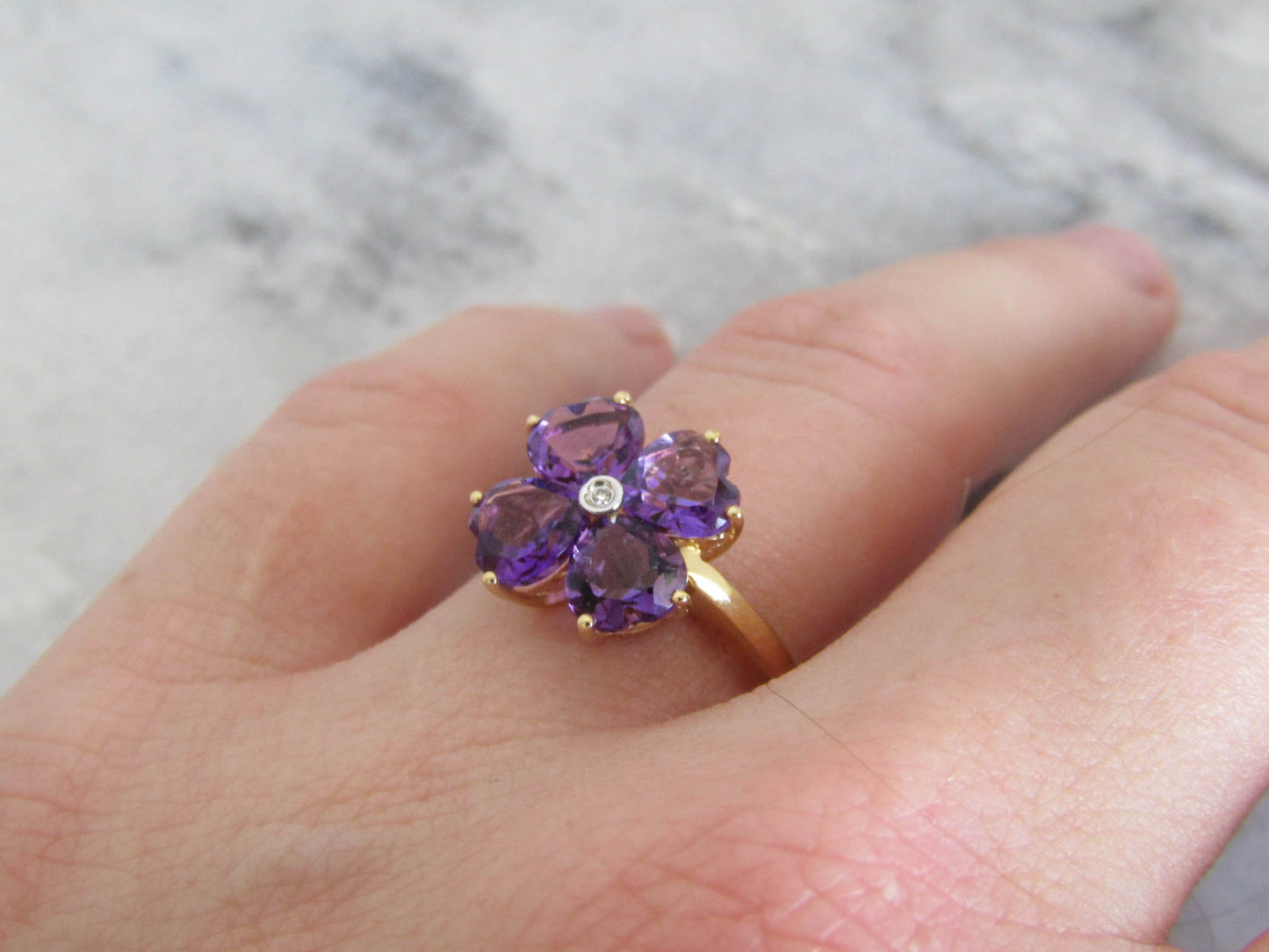 Vintage 18K Amethyst and Diamond Four Leaf Clover Lucky Ring, Heart Cut Amethyst Statement Ring