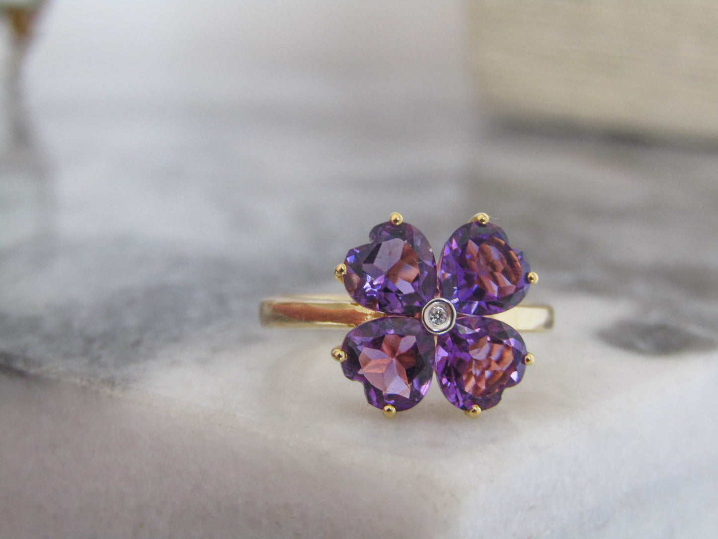 Vintage 18K Amethyst and Diamond Four Leaf Clover Lucky Ring, Heart Cut Amethyst Statement Ring