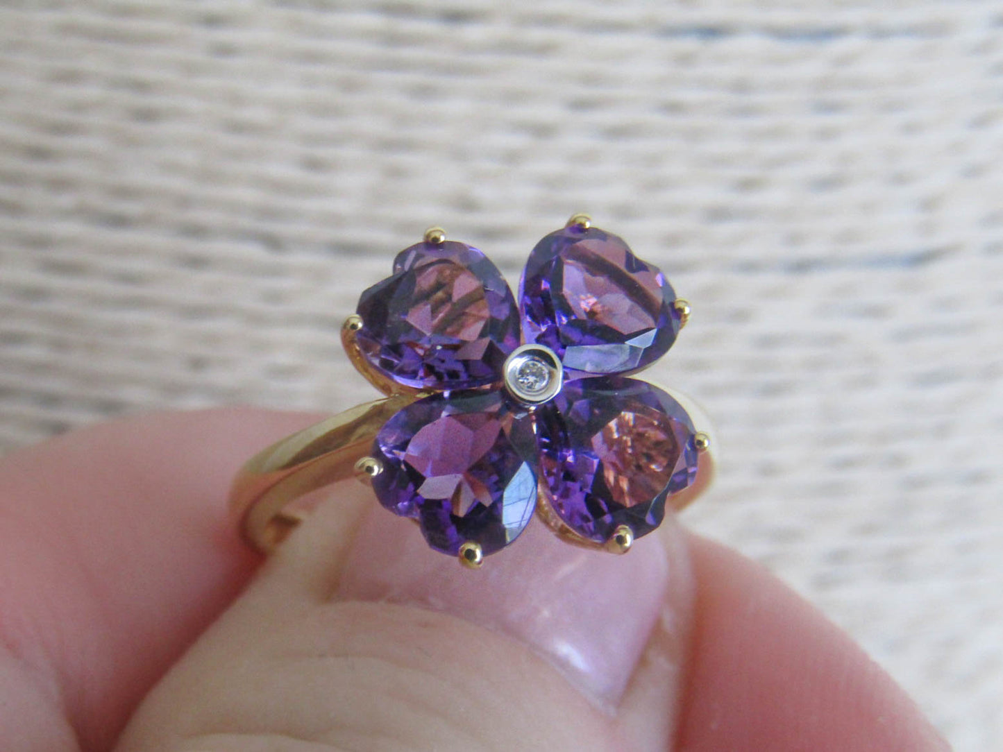 Vintage 18K Amethyst and Diamond Four Leaf Clover Lucky Ring, Heart Cut Amethyst Statement Ring