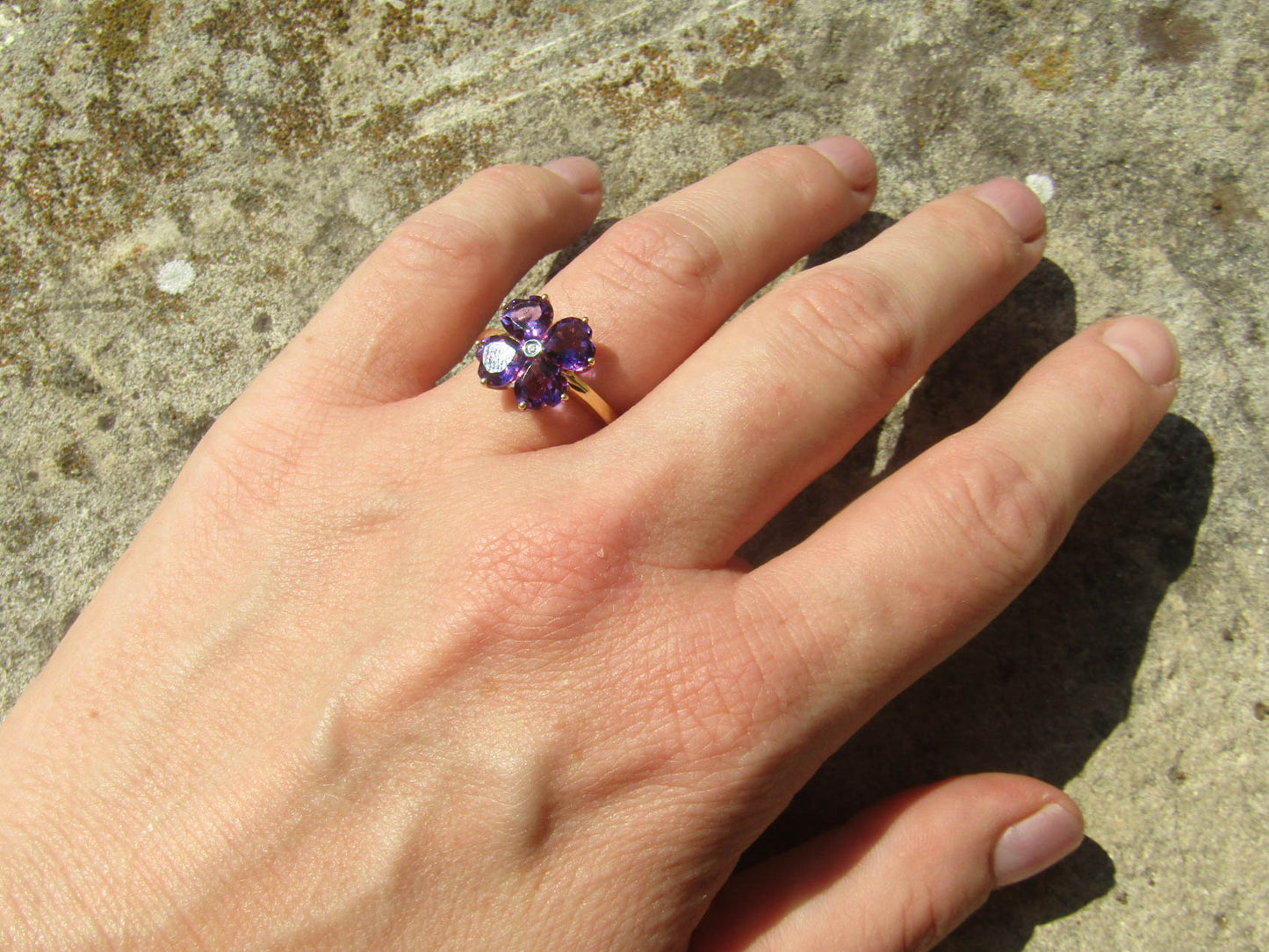 Vintage 18K Amethyst and Diamond Four Leaf Clover Lucky Ring, Heart Cut Amethyst Statement Ring