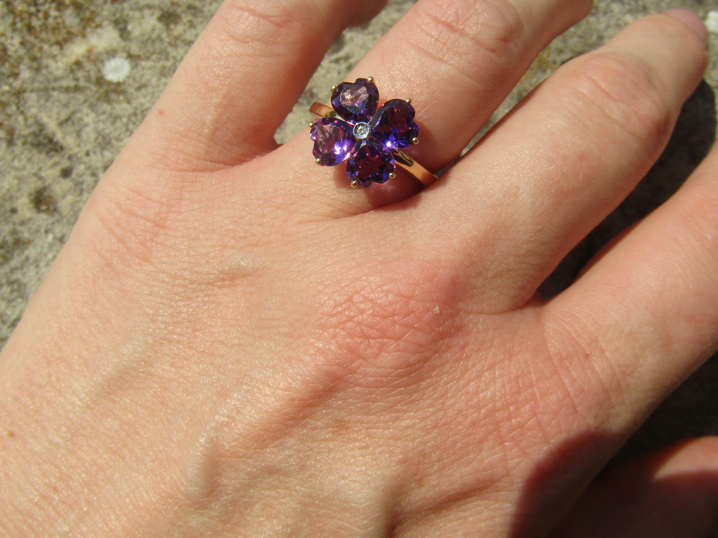 Vintage 18K Amethyst and Diamond Four Leaf Clover Lucky Ring, Heart Cut Amethyst Statement Ring