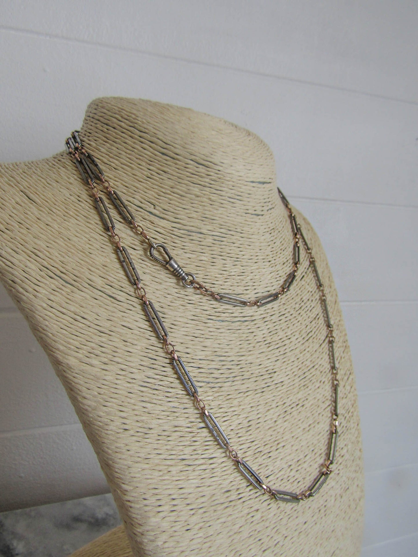 35" Antique Victorian Niello Silver Chain with Rose Gold Vermeil, Belle Epoque Long Niello Chain with Dog Clip Clasp