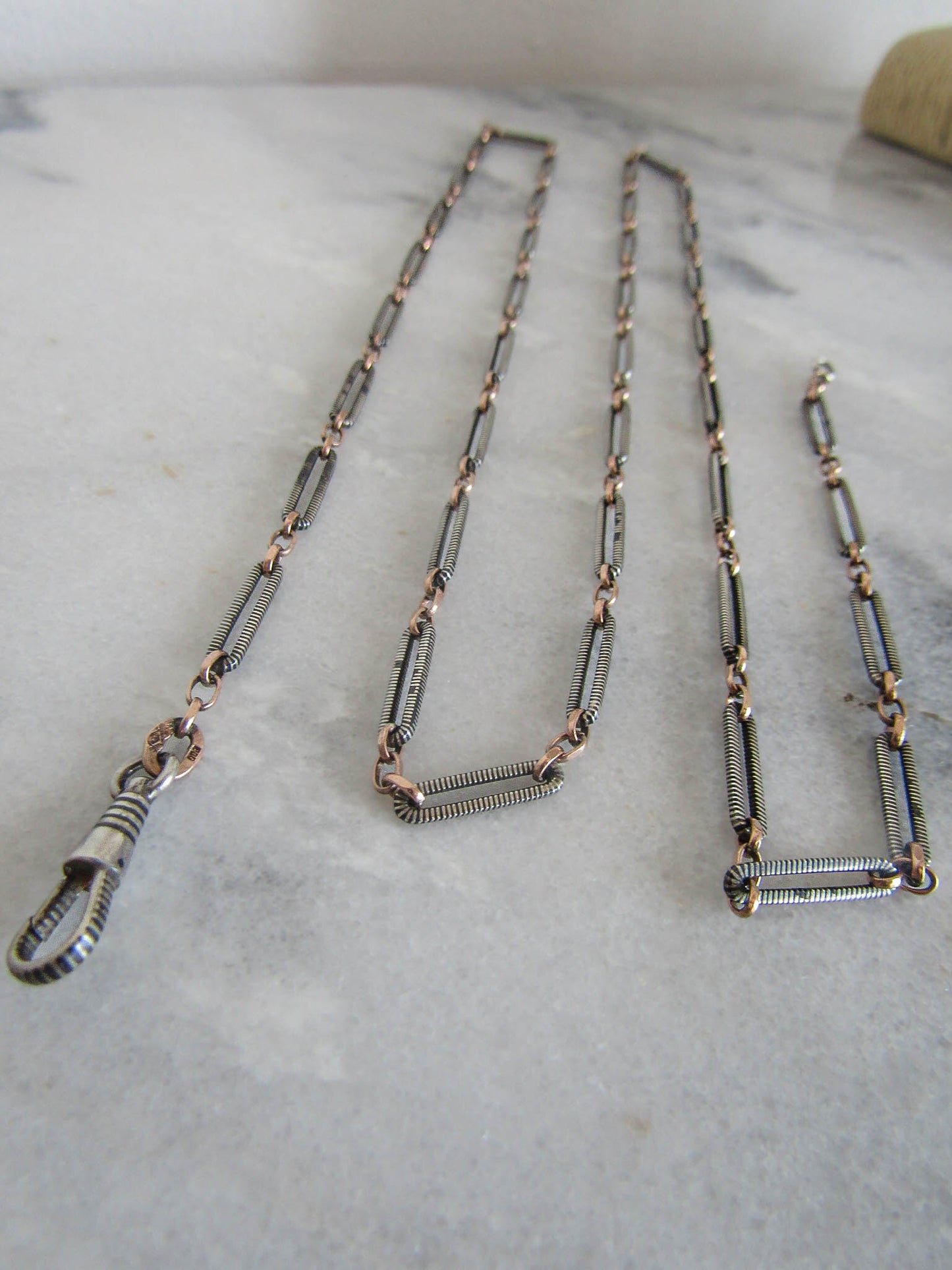 35" Antique Victorian Niello Silver Chain with Rose Gold Vermeil, Belle Epoque Long Niello Chain with Dog Clip Clasp