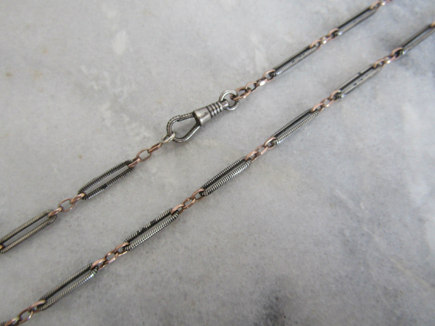 35" Antique Victorian Niello Silver Chain with Rose Gold Vermeil, Belle Epoque Long Niello Chain with Dog Clip Clasp