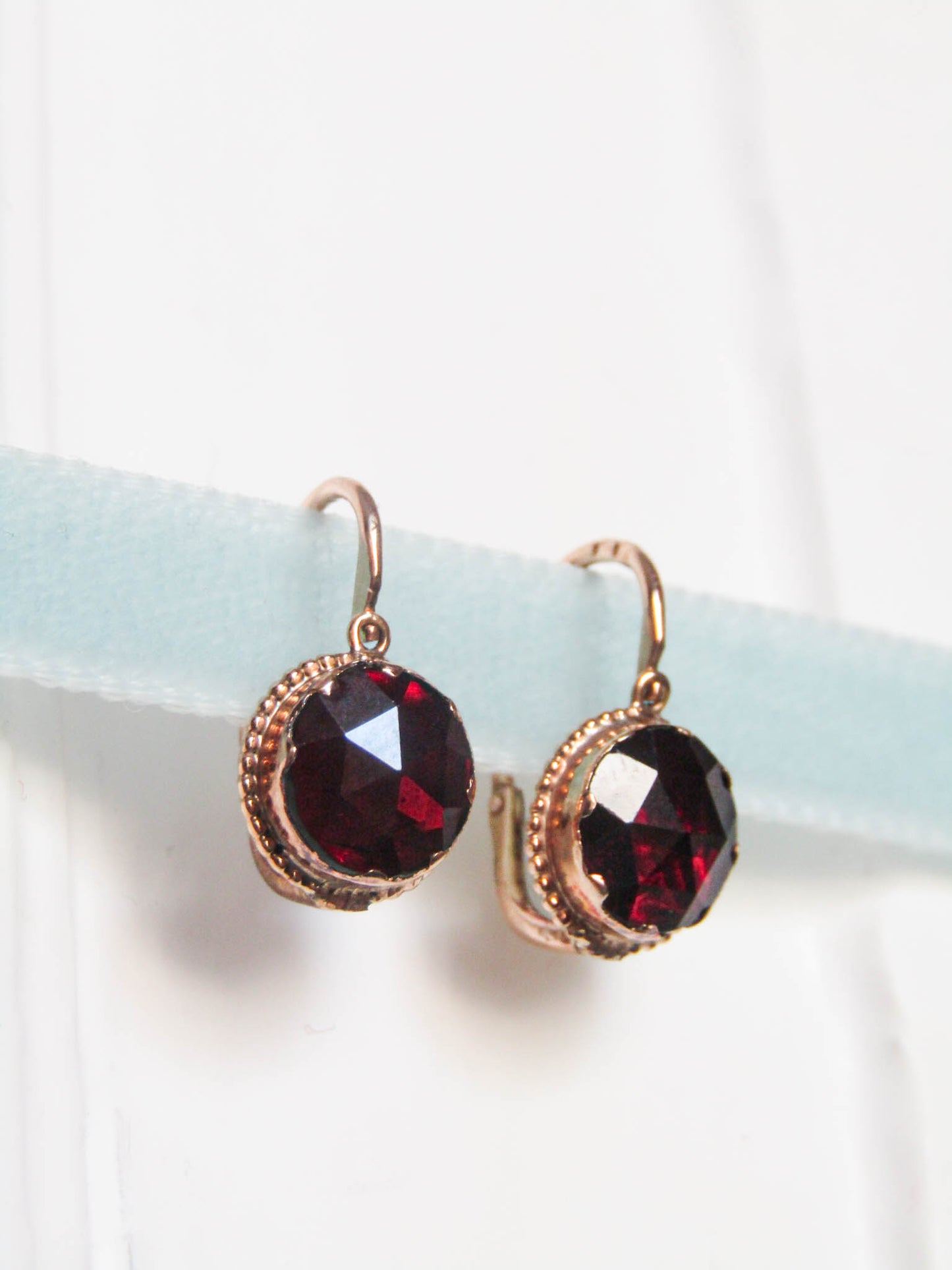 Antique Perpignan Garnet Foiled Dormeuse Earrings, Belle Epoque Garnet Foiled Earrings