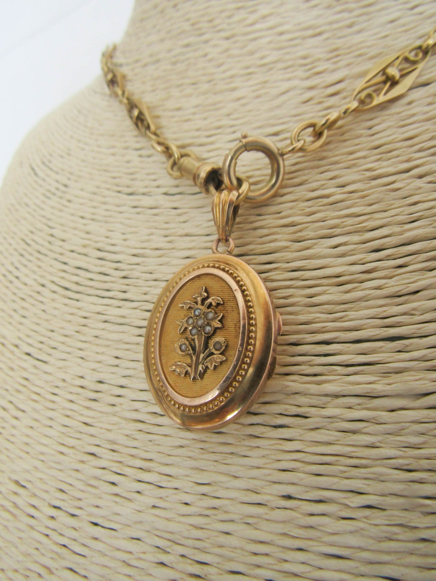 18k Solid Gold Floral Locket with Seed Pearls, Antique French Belle Epoque Sentimental Jewelry with Hinged Glass Partition