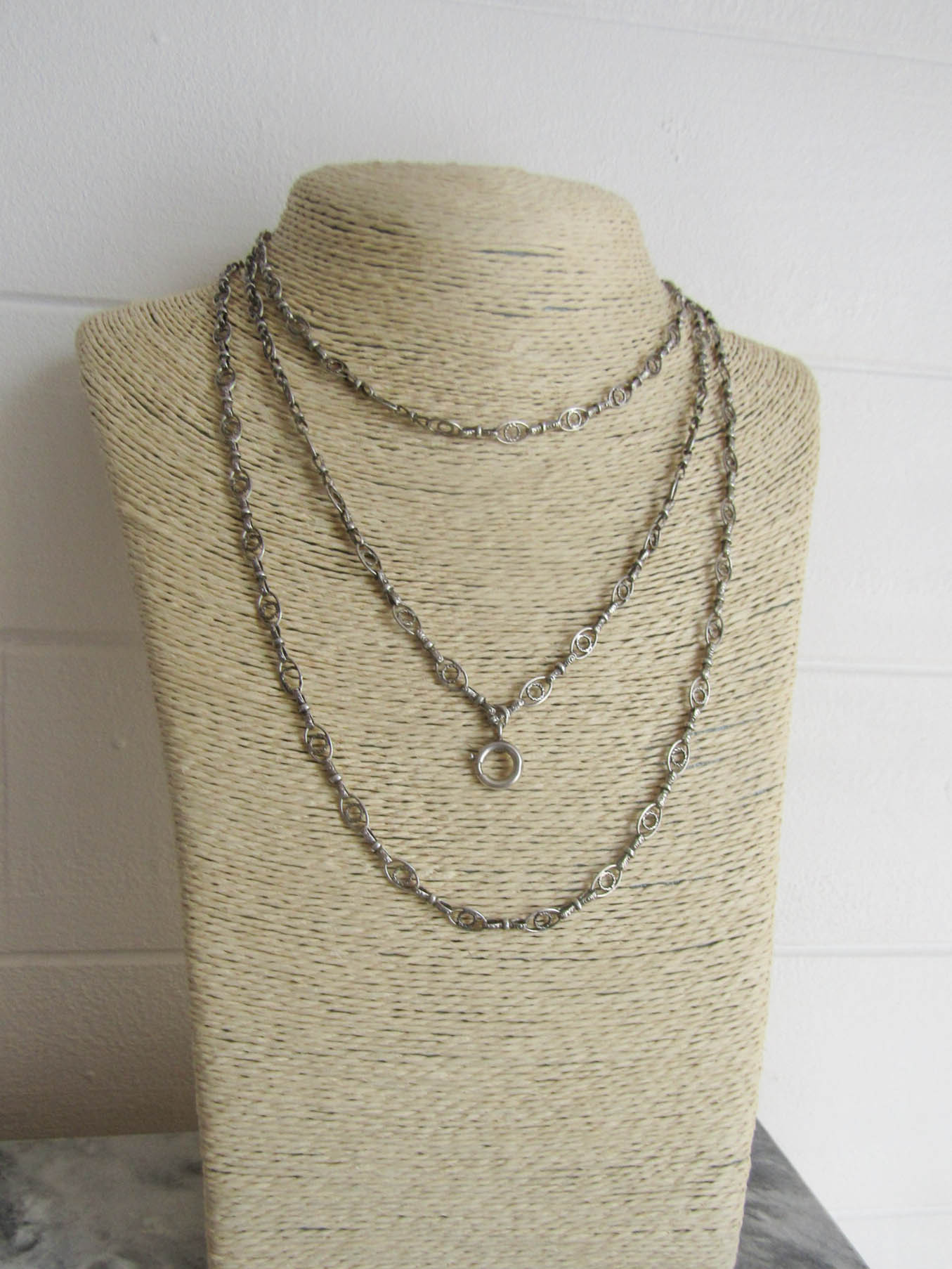 RARE - Textured Antique Silver Long Guard Chain, Exquisite and Unique Belle Epoque Muff Chain with Hanging Bolt Ring