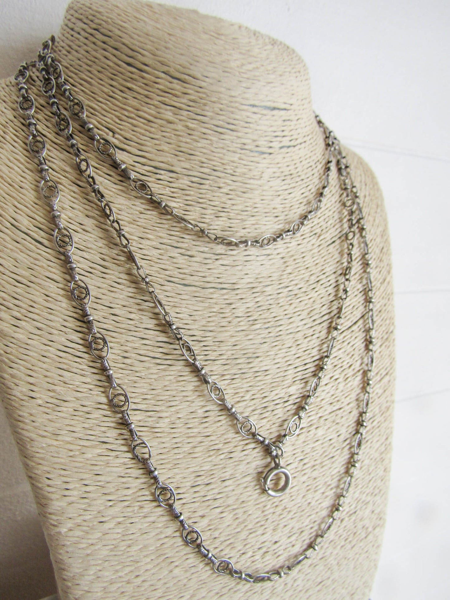 RARE - Textured Antique Silver Long Guard Chain, Exquisite and Unique Belle Epoque Muff Chain with Hanging Bolt Ring