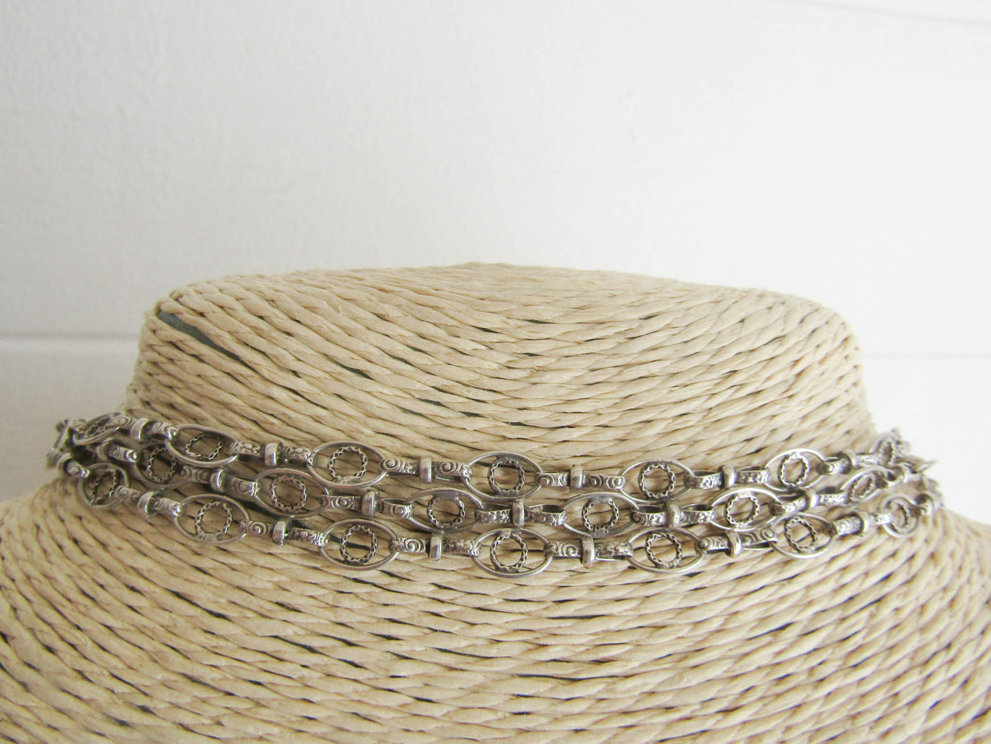 RARE - Textured Antique Silver Long Guard Chain, Exquisite and Unique Belle Epoque Muff Chain with Hanging Bolt Ring