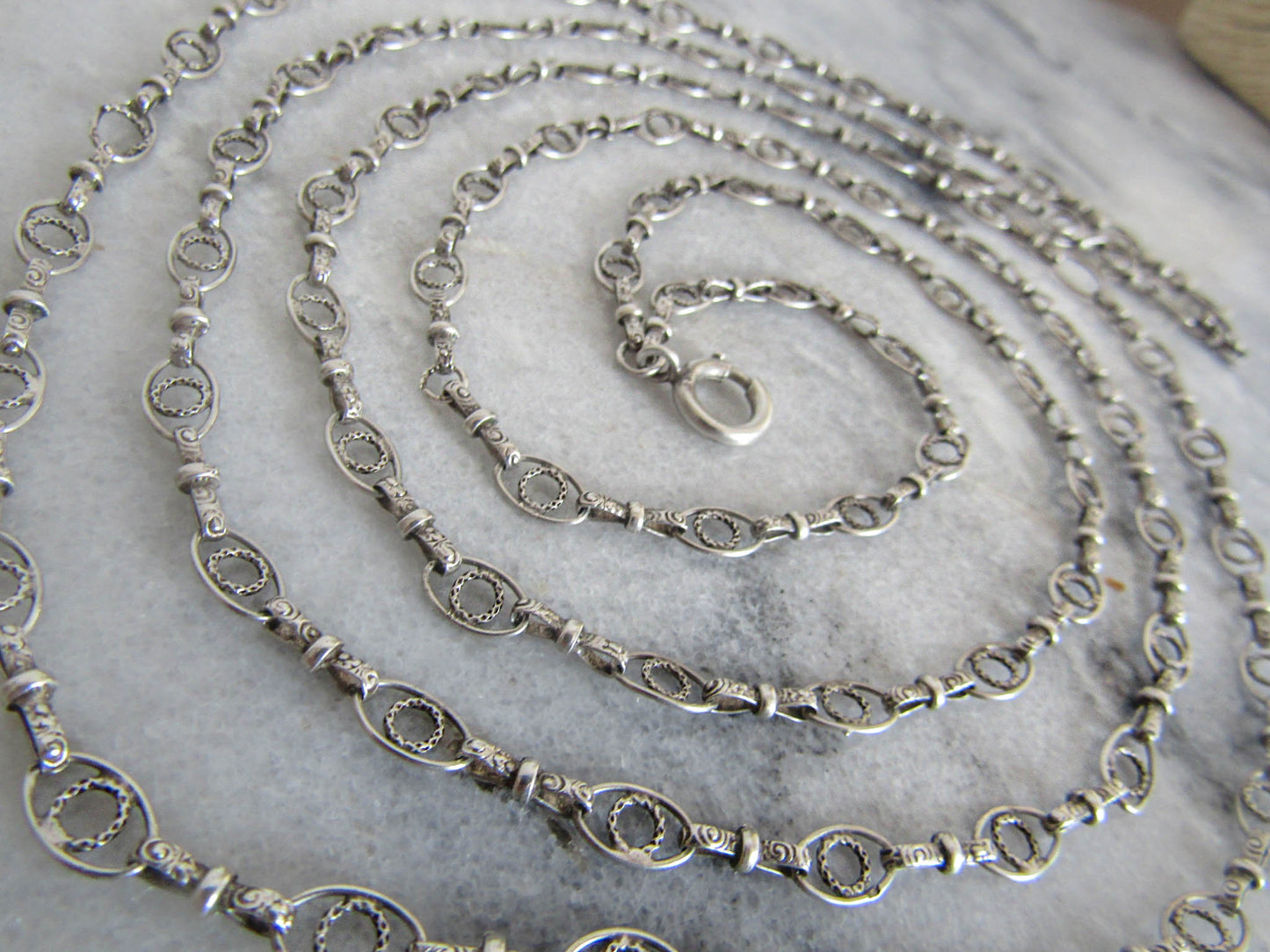 RARE - Textured Antique Silver Long Guard Chain, Exquisite and Unique Belle Epoque Muff Chain with Hanging Bolt Ring