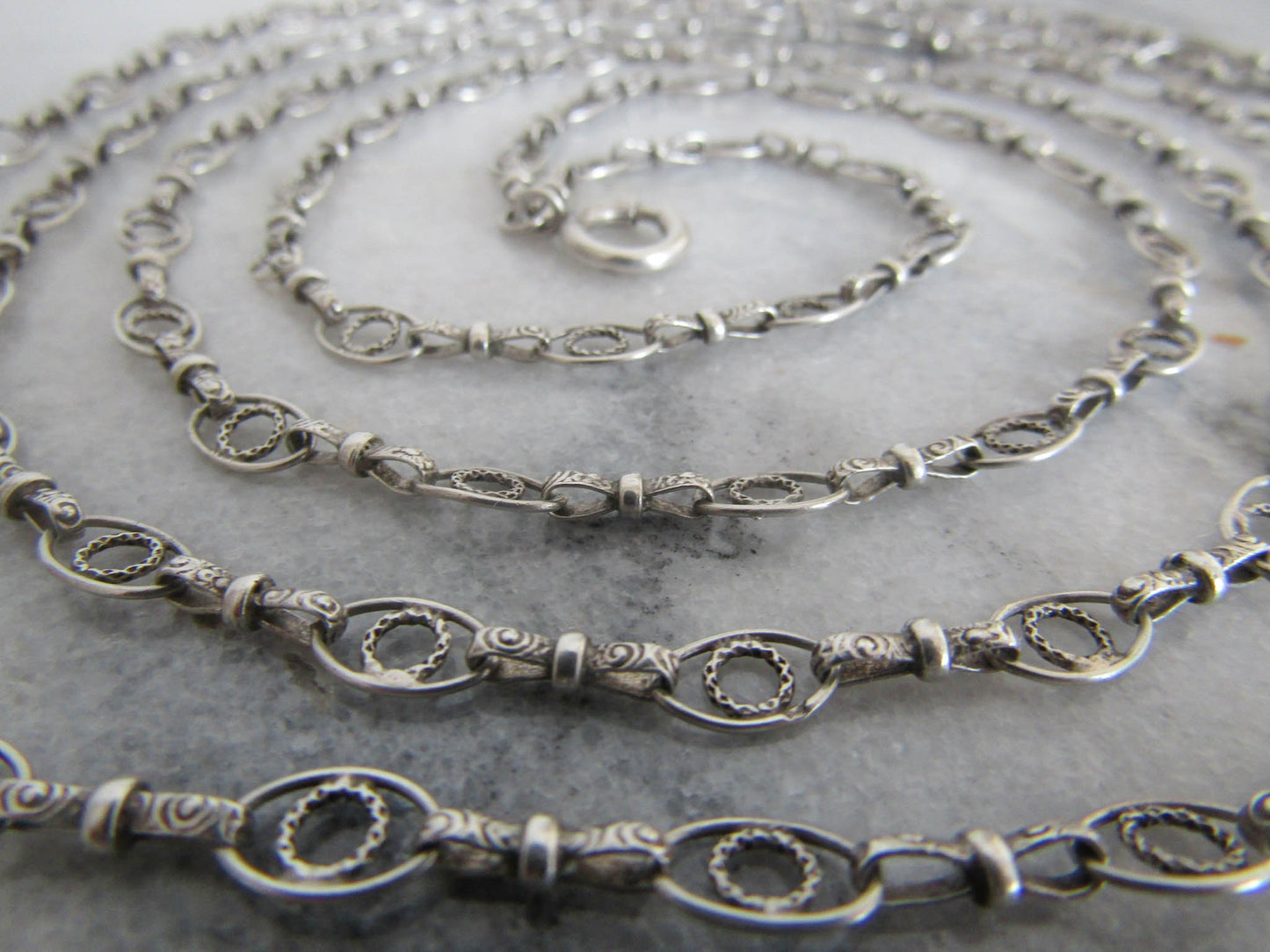 RARE - Textured Antique Silver Long Guard Chain, Exquisite and Unique Belle Epoque Muff Chain with Hanging Bolt Ring