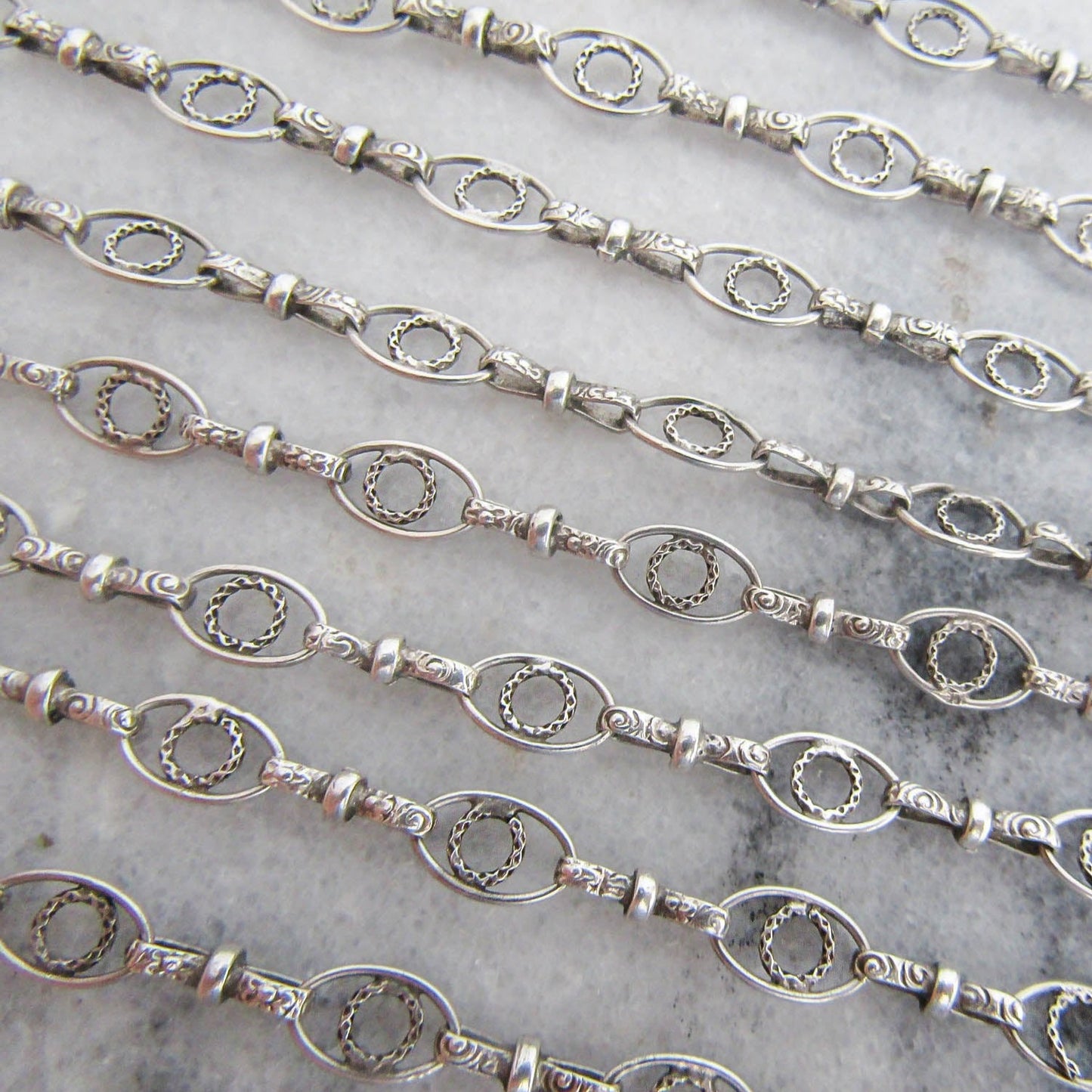 RARE - Textured Antique Silver Long Guard Chain, Exquisite and Unique Belle Epoque Muff Chain with Hanging Bolt Ring