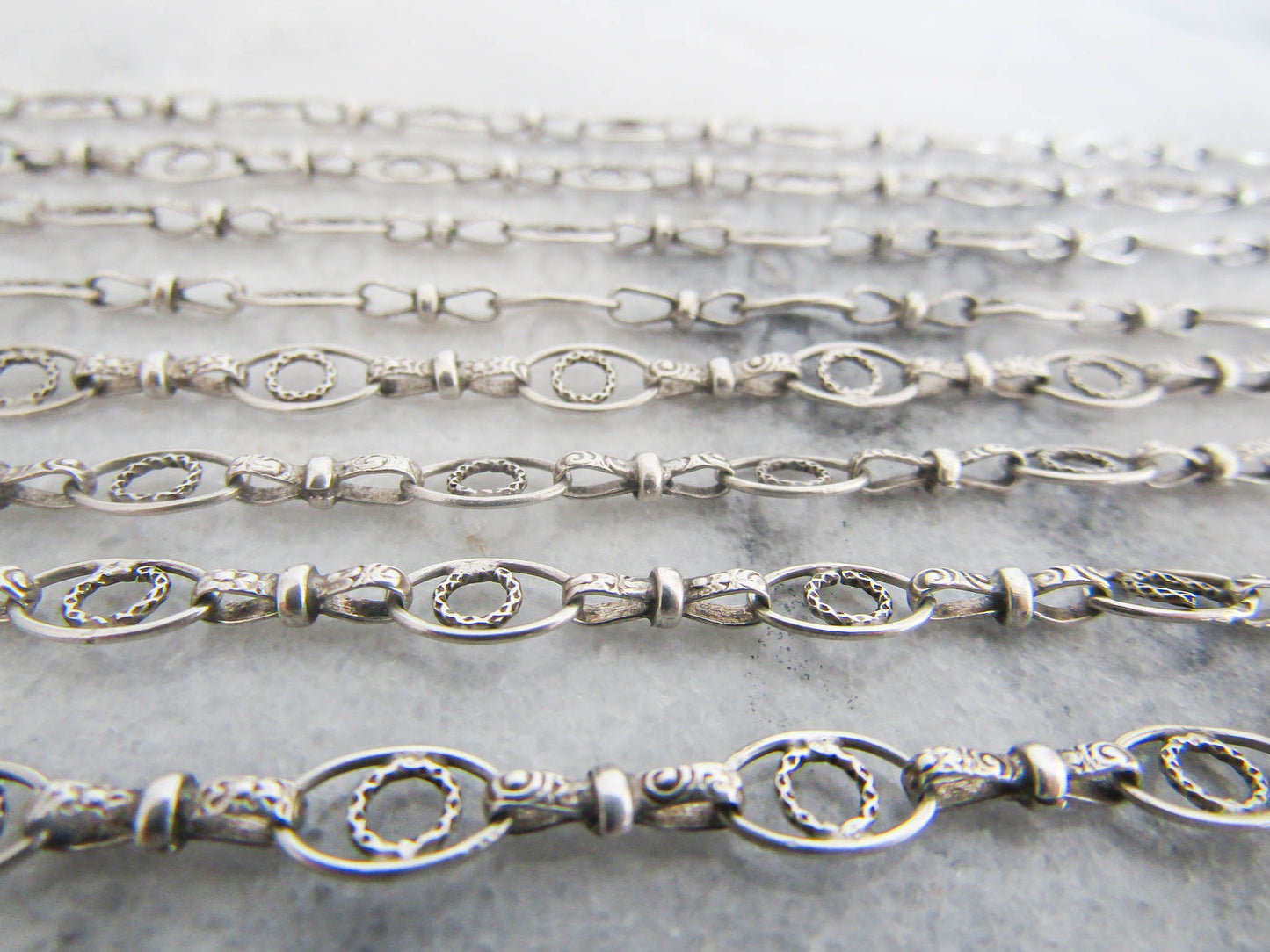 RARE - Textured Antique Silver Long Guard Chain, Exquisite and Unique Belle Epoque Muff Chain with Hanging Bolt Ring