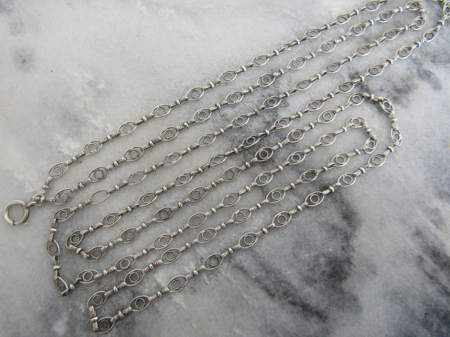 RARE - Textured Antique Silver Long Guard Chain, Exquisite and Unique Belle Epoque Muff Chain with Hanging Bolt Ring