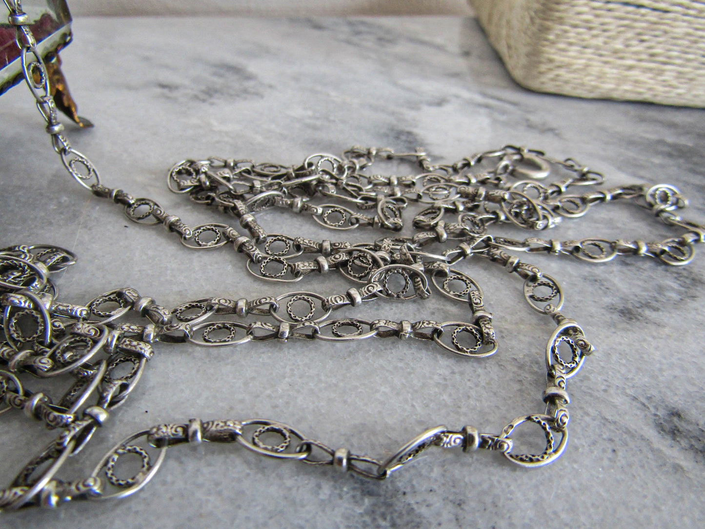 RARE - Textured Antique Silver Long Guard Chain, Exquisite and Unique Belle Epoque Muff Chain with Hanging Bolt Ring