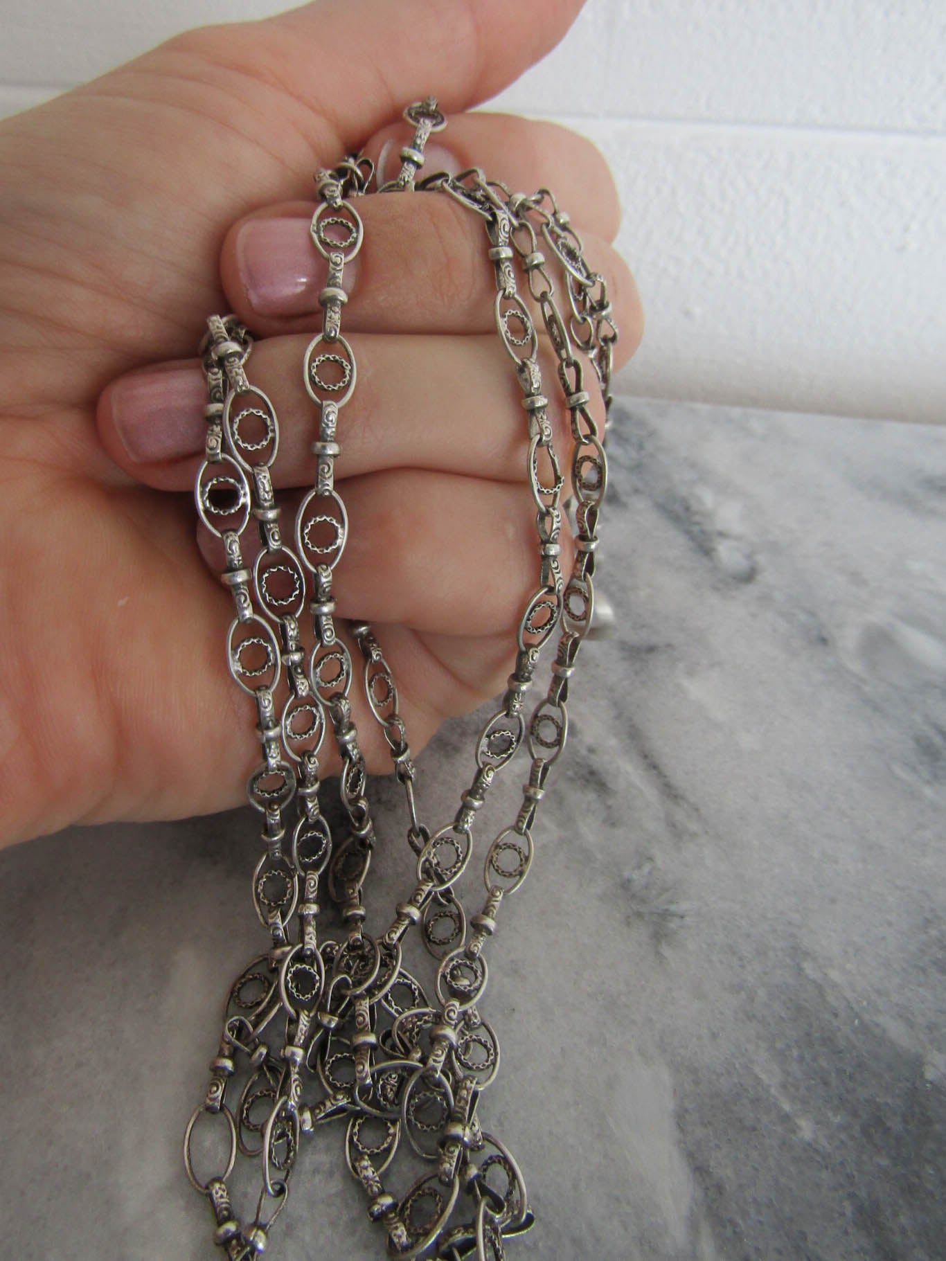 RARE - Textured Antique Silver Long Guard Chain, Exquisite and Unique Belle Epoque Muff Chain with Hanging Bolt Ring