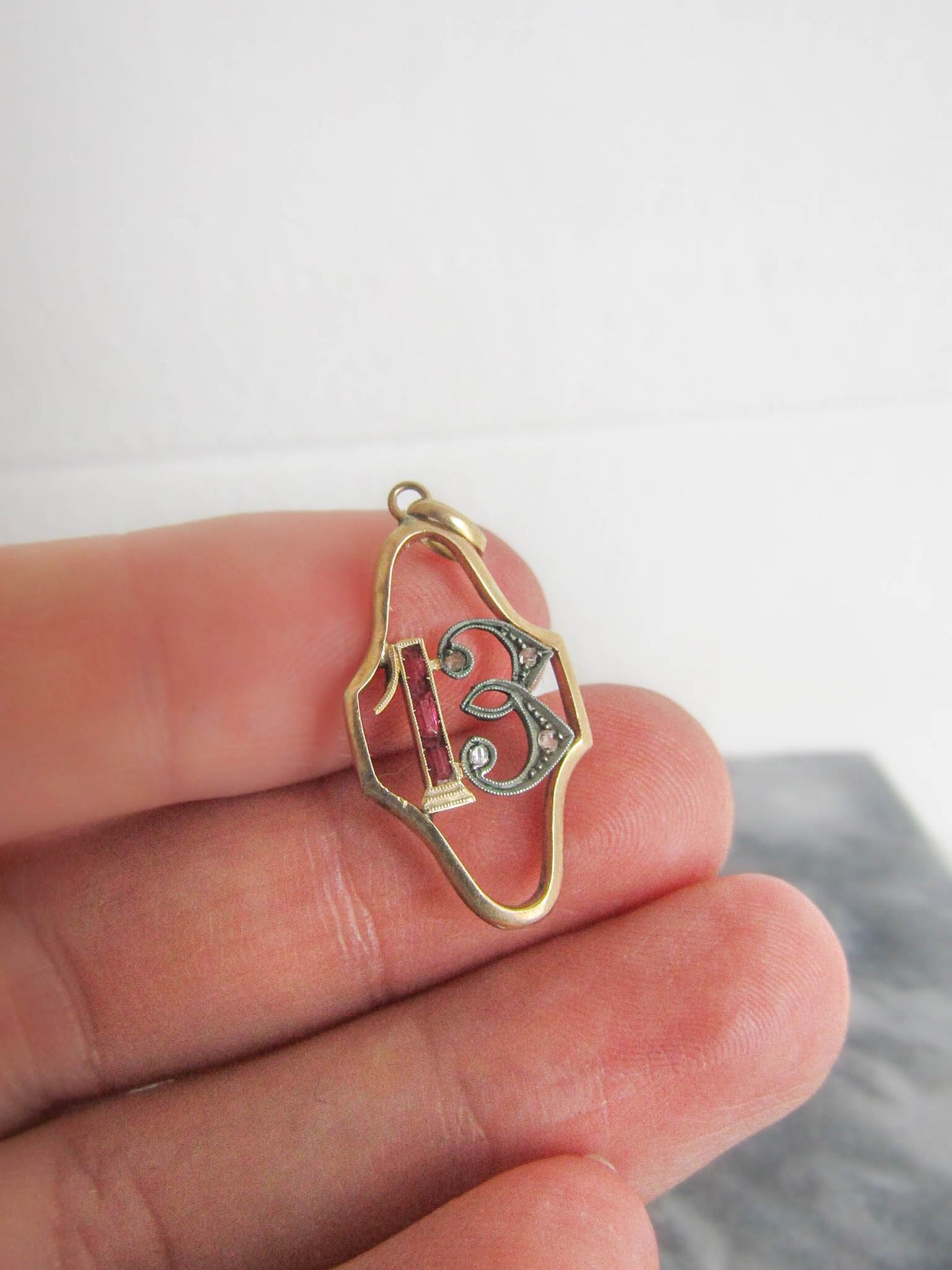 Vintage 18K Lucky 13 Pendant Charm, French Art Deco Yellow Gold Lucky Pendant