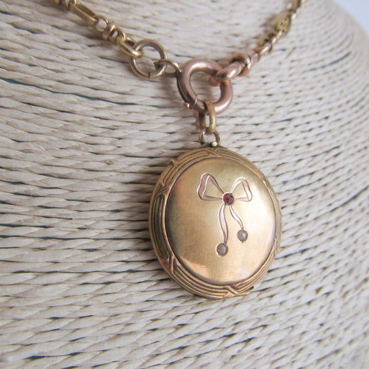 Art Nouveau 18k Solid Gold Bow Locket, Antique French Sentimental Pendant c. 1900