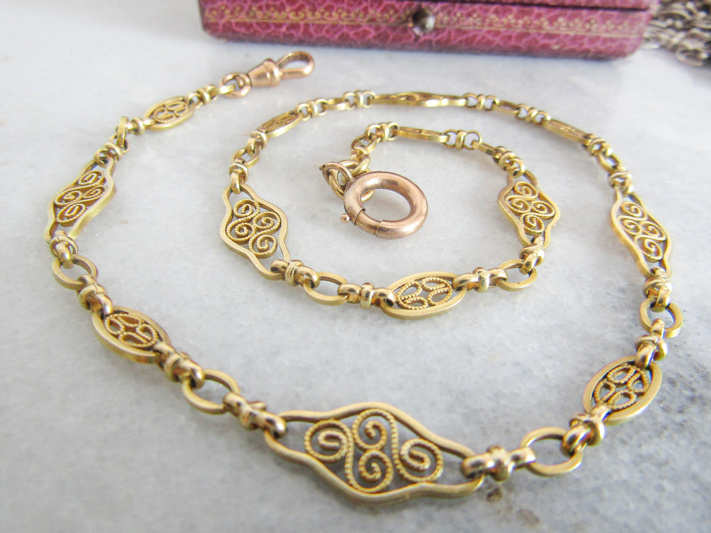 15" Antique 18K Solid Gold Watch Chain, Vintage French Filigree Choker Necklace c. 1900 (14.9 g)