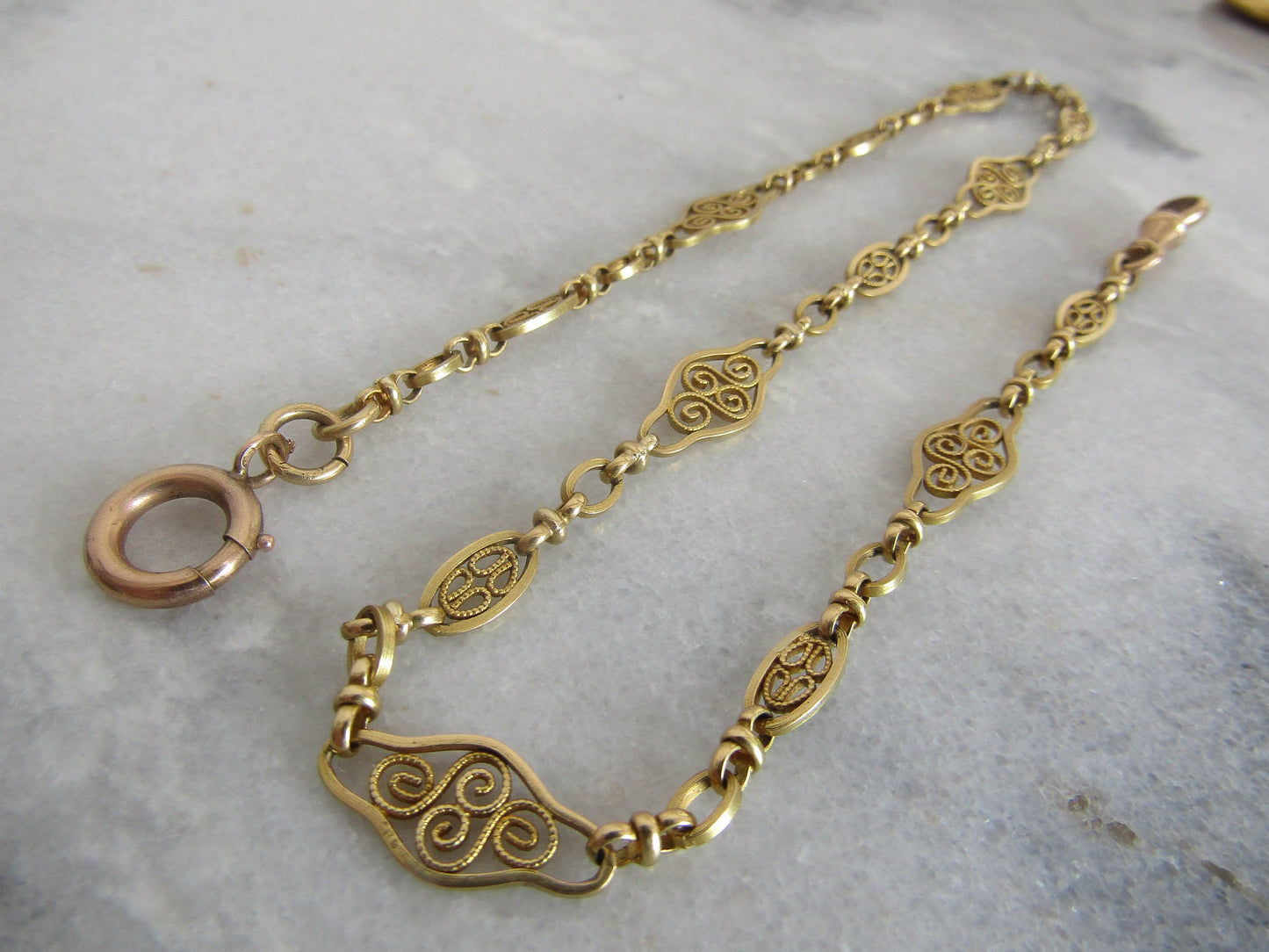 15" Antique 18K Solid Gold Watch Chain, Vintage French Filigree Choker Necklace c. 1900 (14.9 g)