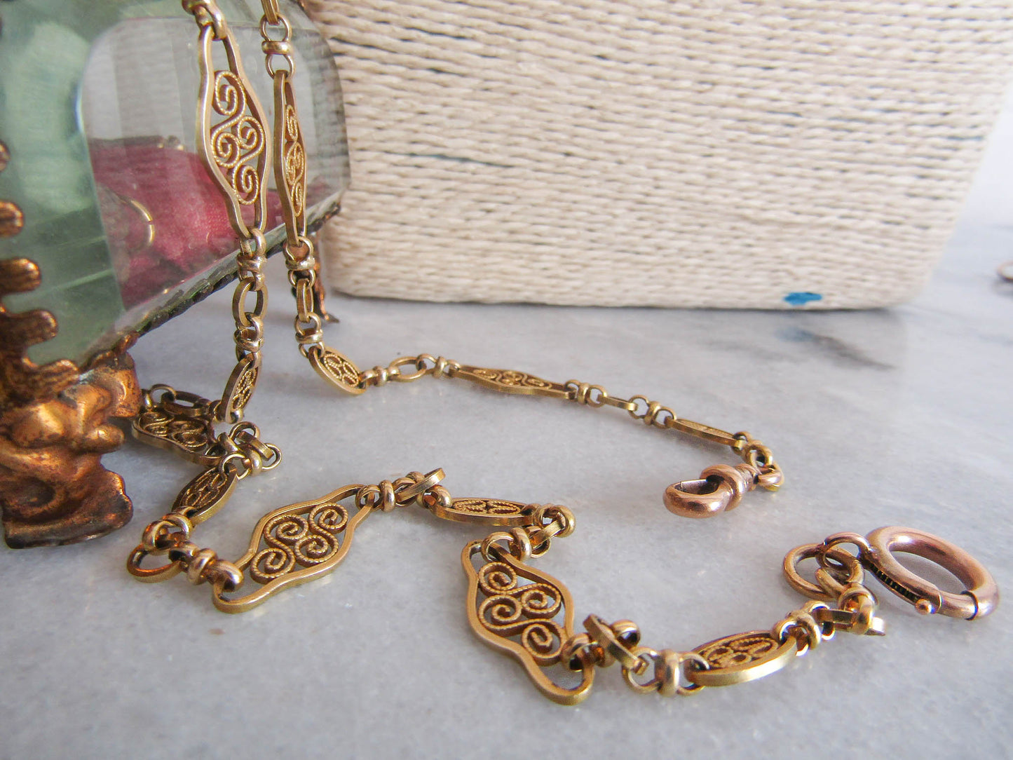 15" Antique 18K Solid Gold Watch Chain, Vintage French Filigree Choker Necklace c. 1900 (14.9 g)