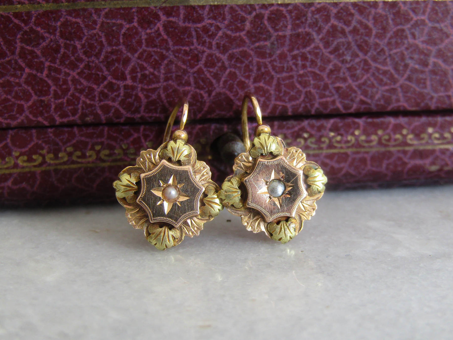 Antique 18k Gold Dormeuse Earrings with Pearl Center