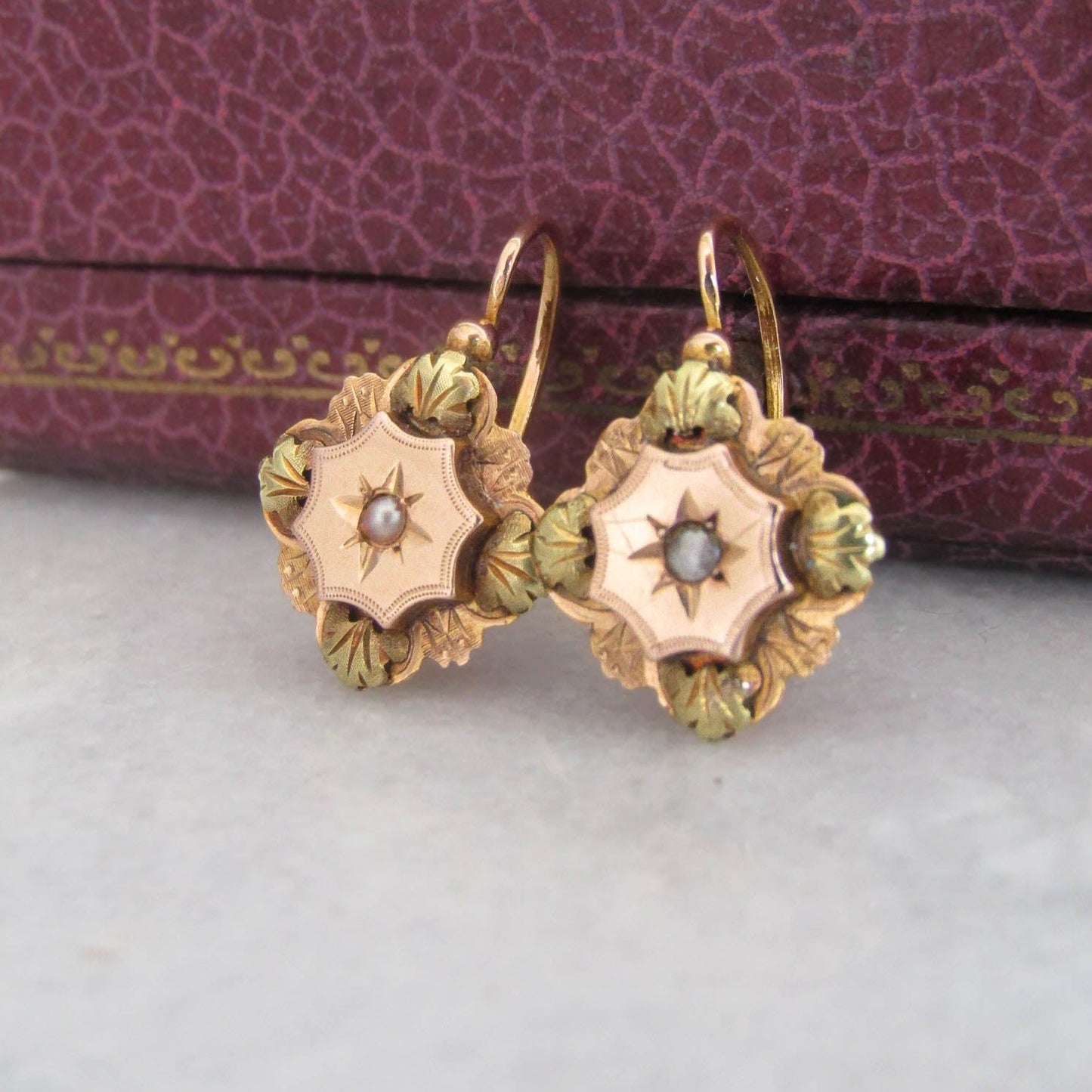 Antique 18k Gold Dormeuse Earrings with Pearl Center