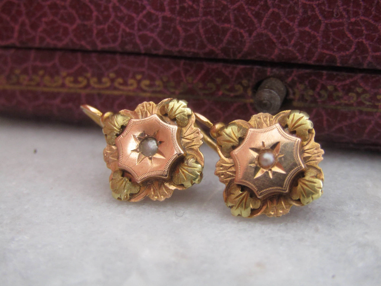 Antique 18k Gold Dormeuse Earrings with Pearl Center