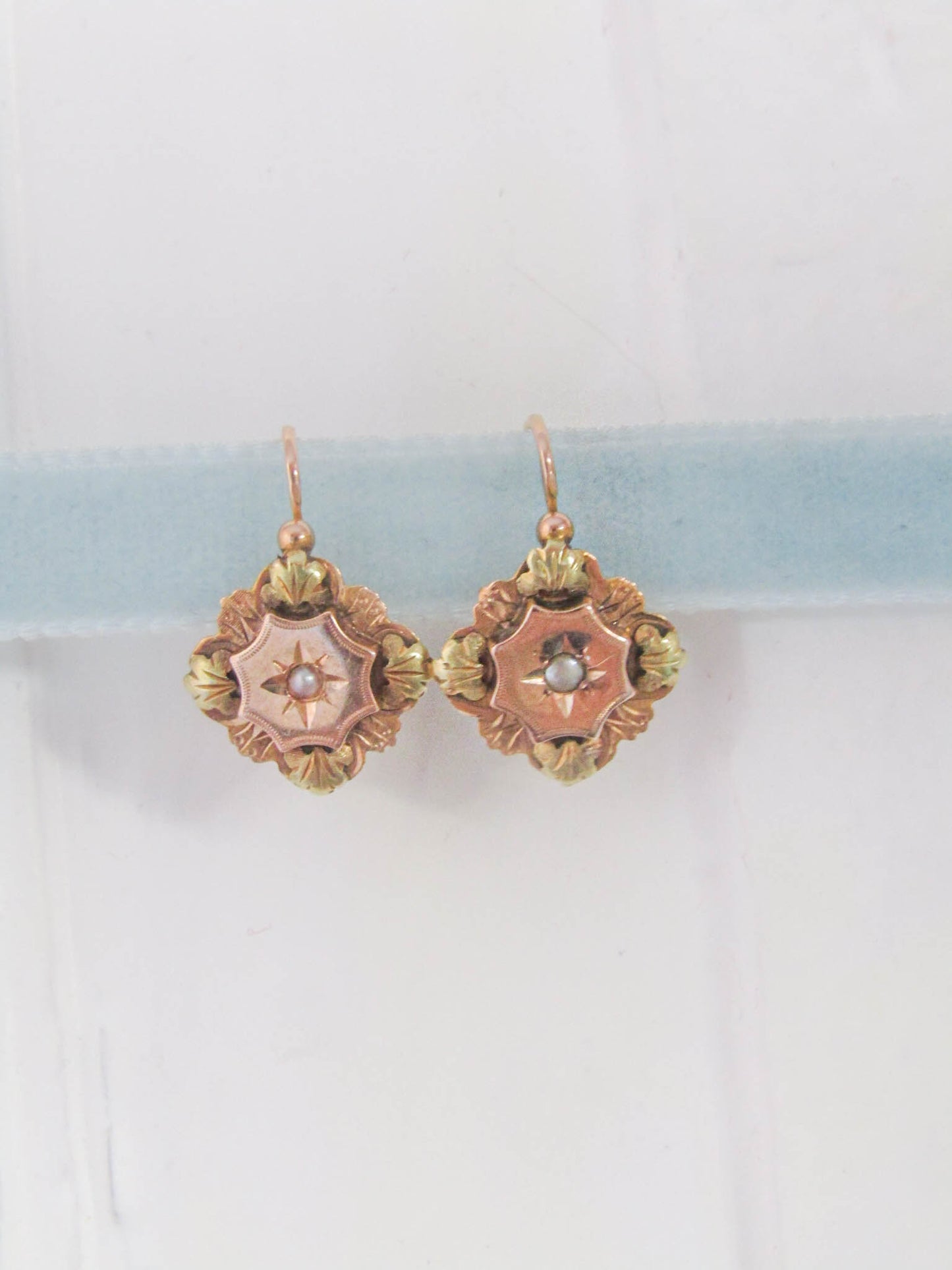 Antique 18k Gold Dormeuse Earrings with Pearl Center