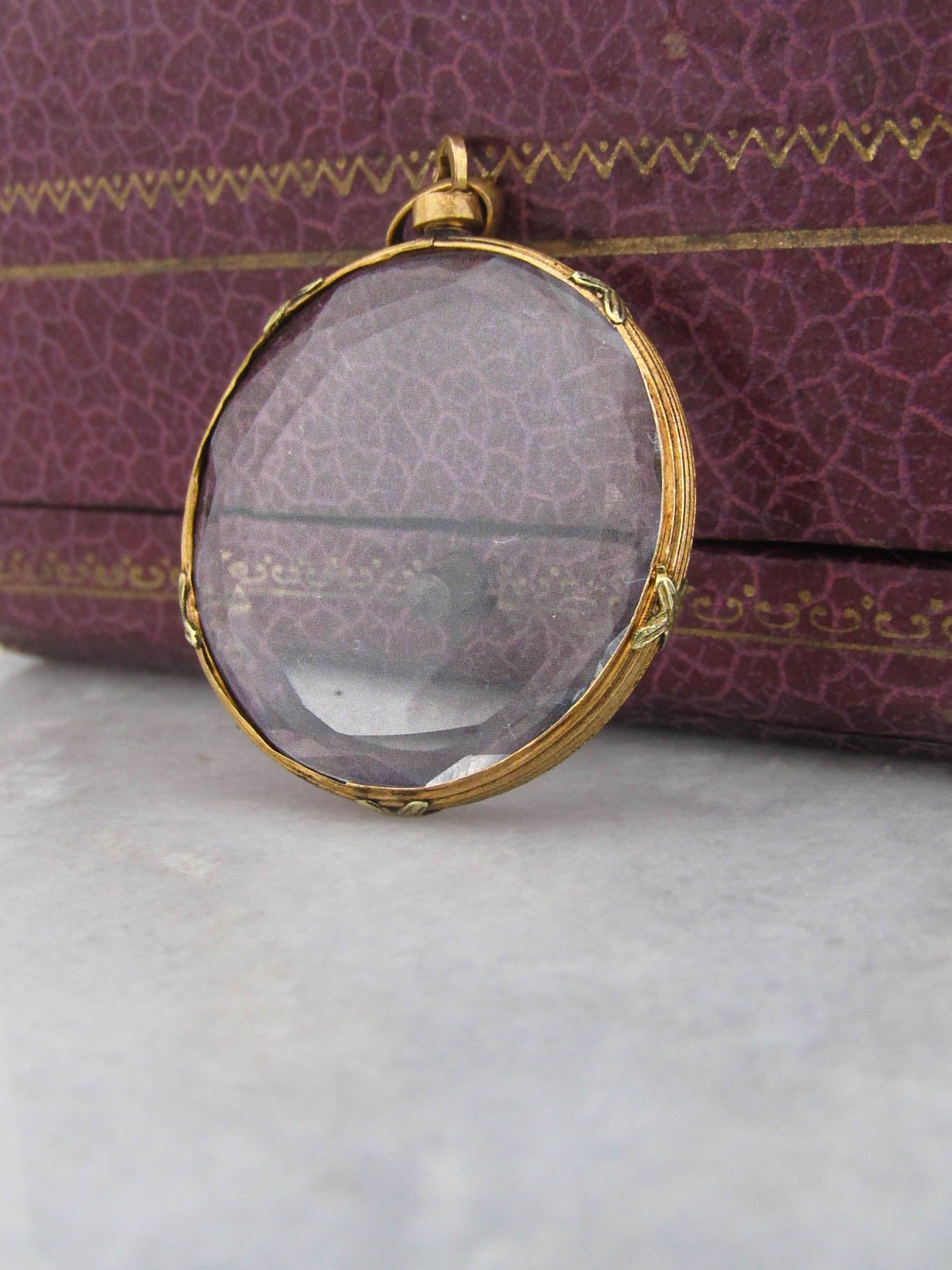 Original Box - Antique 18k Beveled Glass Locket with Reed and Cross Hatch Frame in Original Box, French Shaker Locket