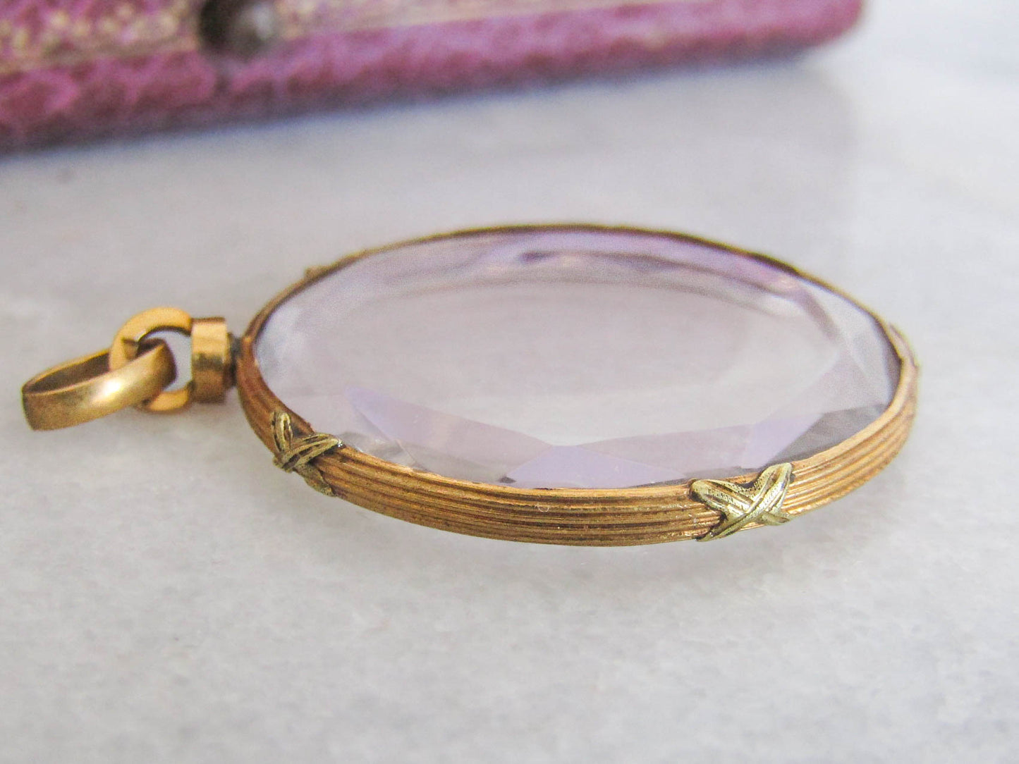 Original Box - Antique 18k Beveled Glass Locket with Reed and Cross Hatch Frame in Original Box, French Shaker Locket