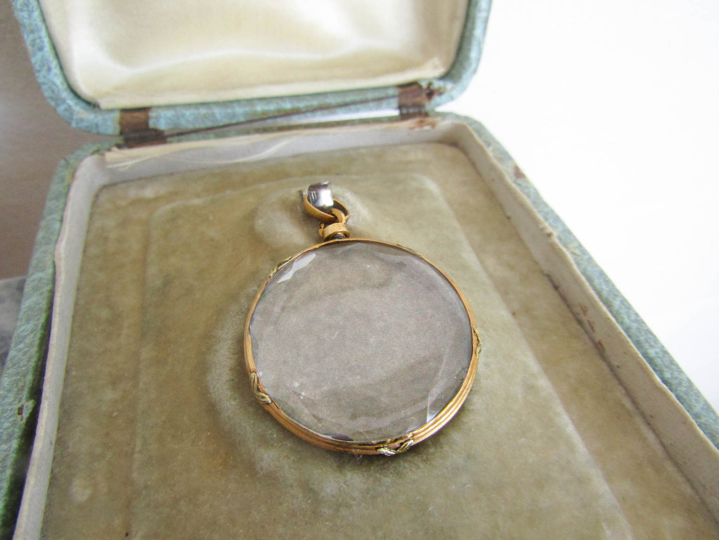 Original Box - Antique 18k Beveled Glass Locket with Reed and Cross Hatch Frame in Original Box, French Shaker Locket