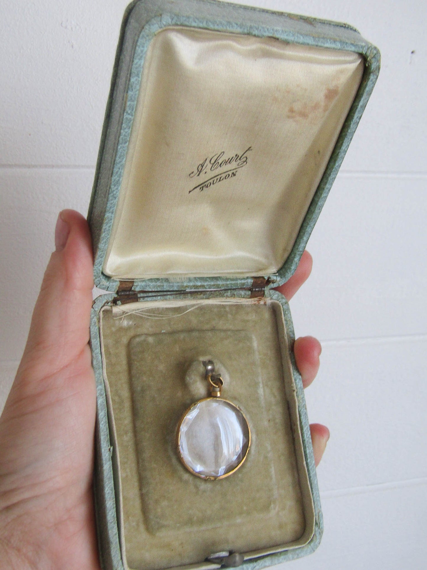 Original Box - Antique 18k Beveled Glass Locket with Reed and Cross Hatch Frame in Original Box, French Shaker Locket