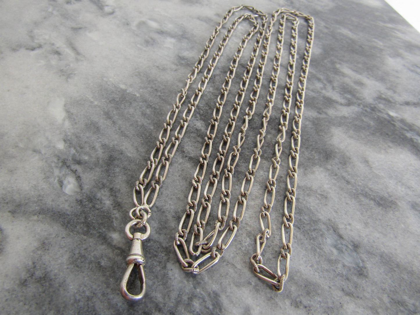 Antique French Silver Long Guard Chain with Hanging Dog Clip Clasp