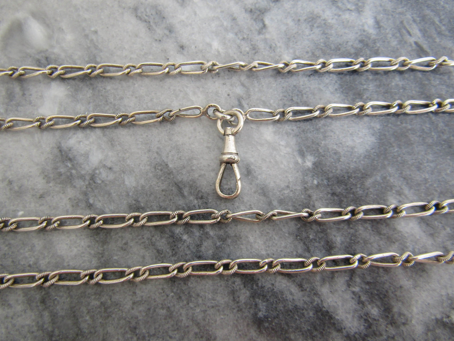 Antique French Silver Long Guard Chain with Hanging Dog Clip Clasp