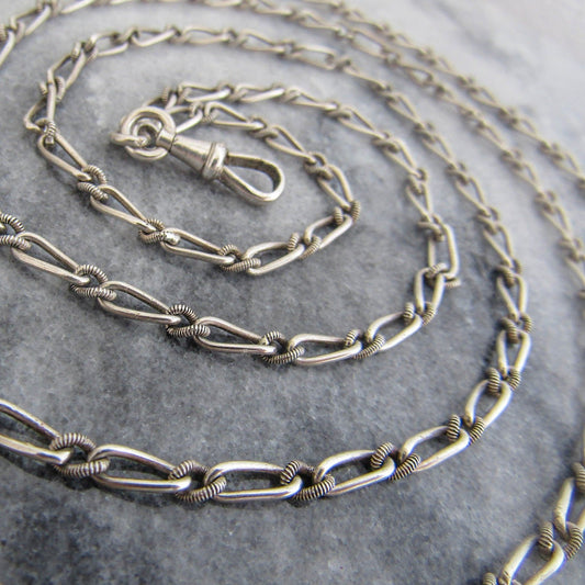 Antique French Silver Long Guard Chain with Hanging Dog Clip Clasp