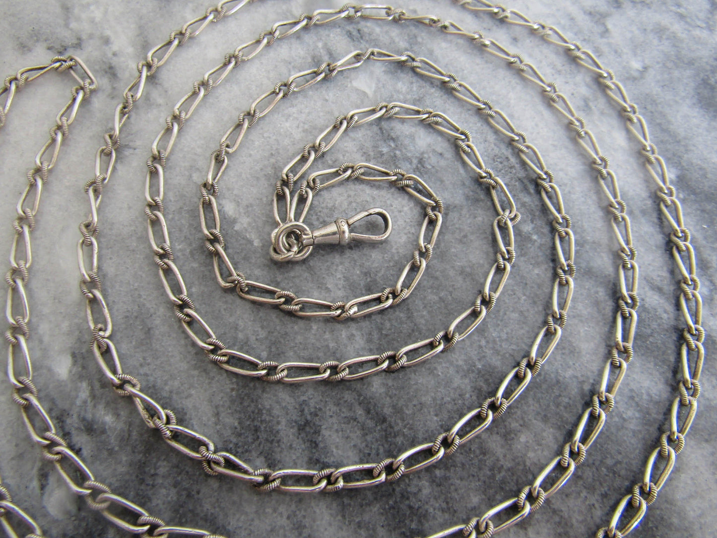 Antique French Silver Long Guard Chain with Hanging Dog Clip Clasp