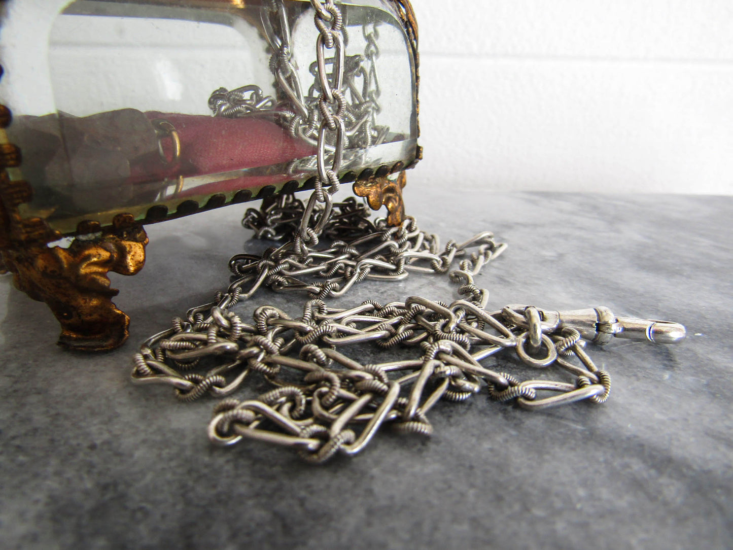 Antique French Silver Long Guard Chain with Hanging Dog Clip Clasp