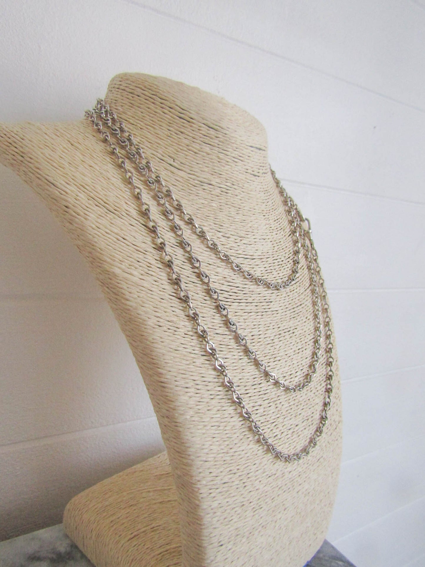 Antique Textured Silver Long Guard Chain, Victorian Long Muff Chain with Hanging Bolt Ring and Dog Clip Clasp