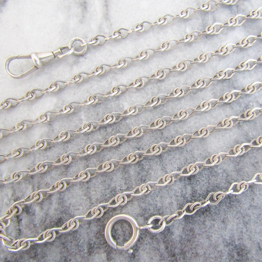 Antique Textured Silver Long Guard Chain, Victorian Long Muff Chain with Hanging Bolt Ring and Dog Clip Clasp