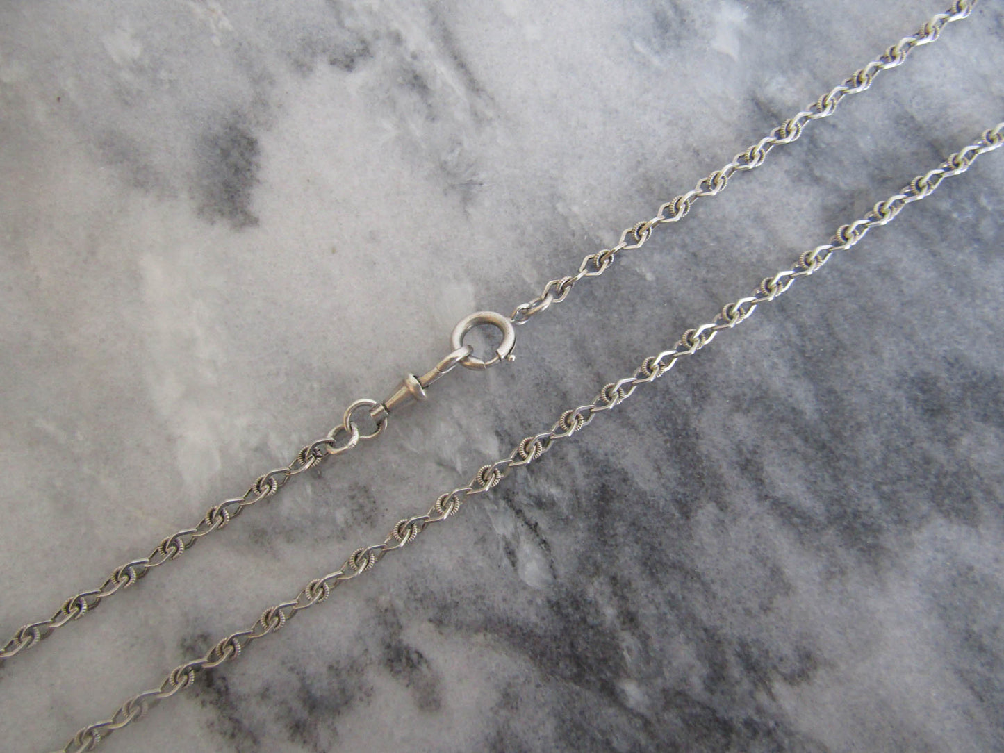 Antique Textured Silver Long Guard Chain, Victorian Long Muff Chain with Hanging Bolt Ring and Dog Clip Clasp