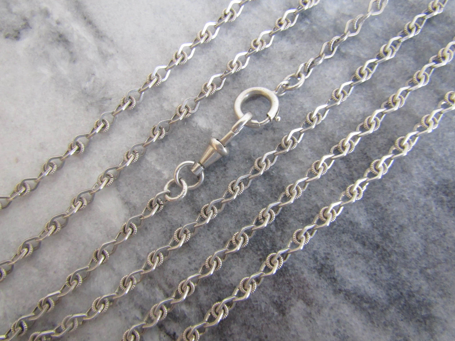 Antique Textured Silver Long Guard Chain, Victorian Long Muff Chain with Hanging Bolt Ring and Dog Clip Clasp