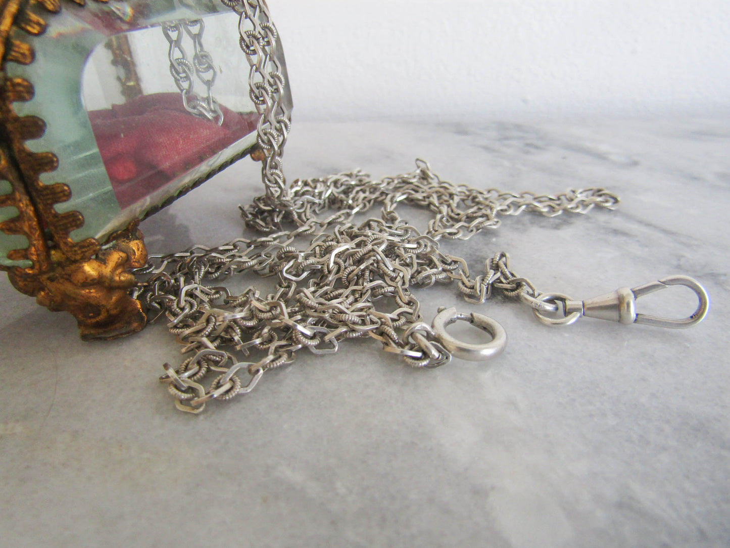 Antique Textured Silver Long Guard Chain, Victorian Long Muff Chain with Hanging Bolt Ring and Dog Clip Clasp