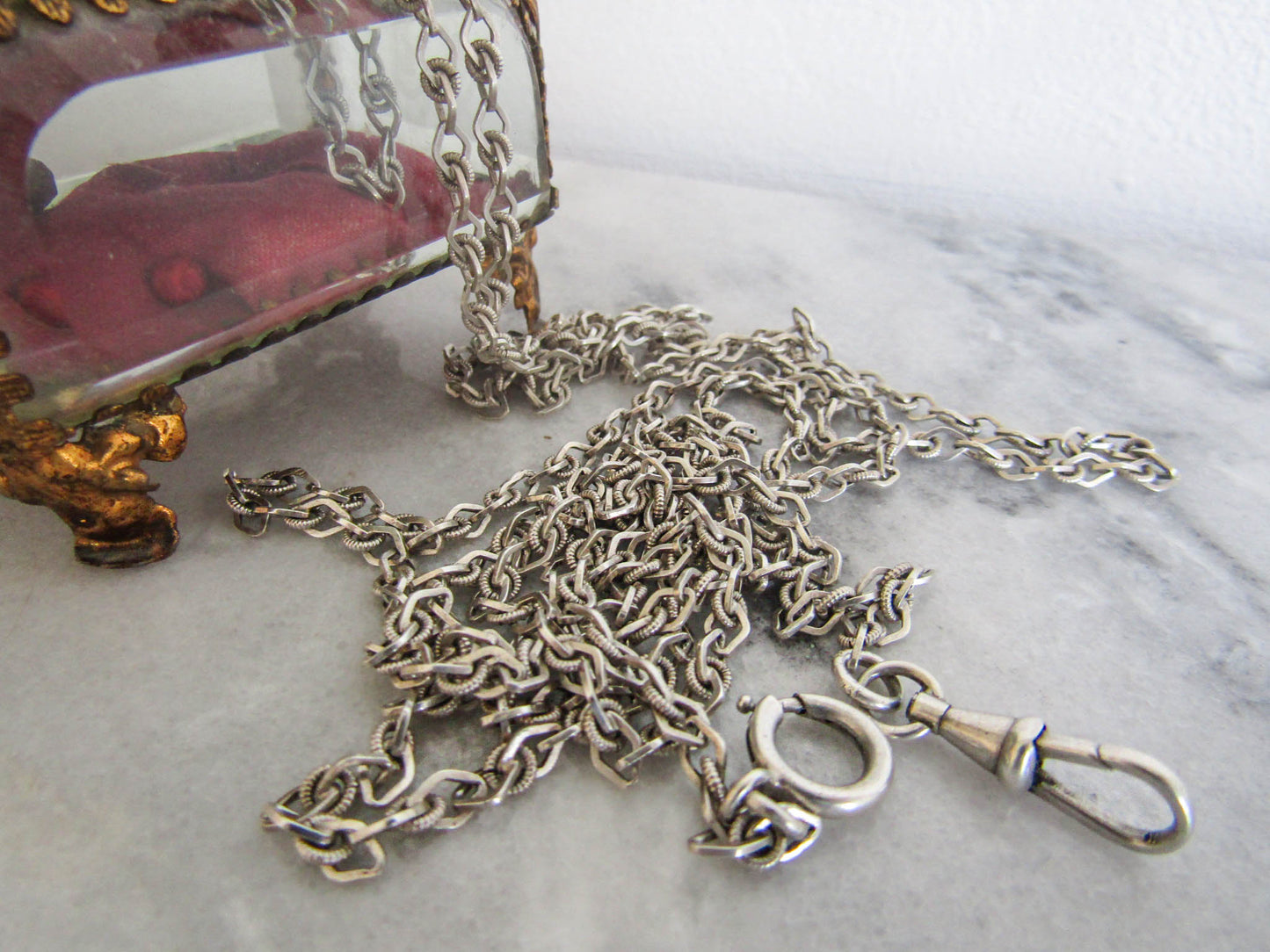 Antique Textured Silver Long Guard Chain, Victorian Long Muff Chain with Hanging Bolt Ring and Dog Clip Clasp