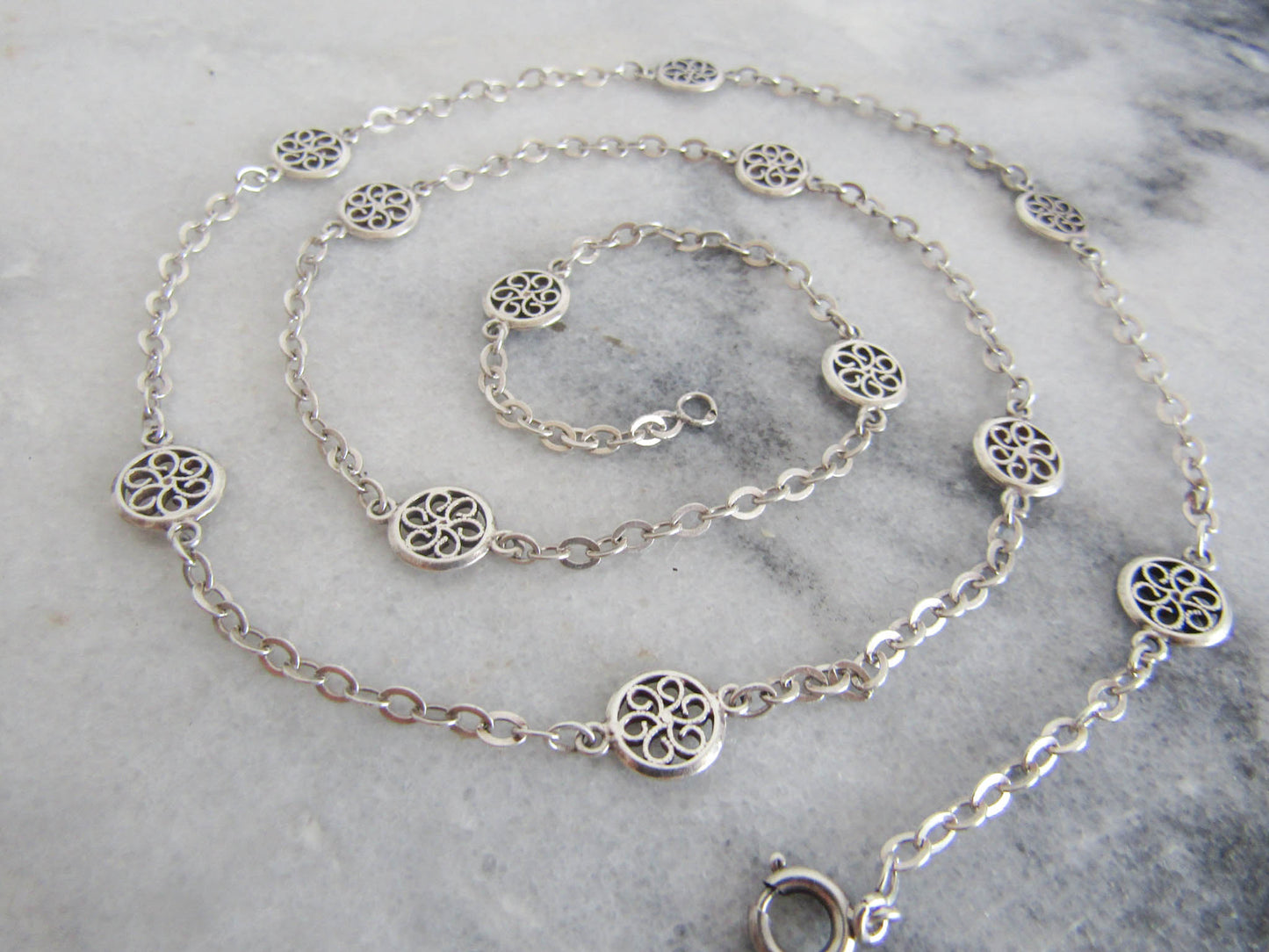 Antique French Silver Belle Epoque Sautoir Necklace with Round Filigree