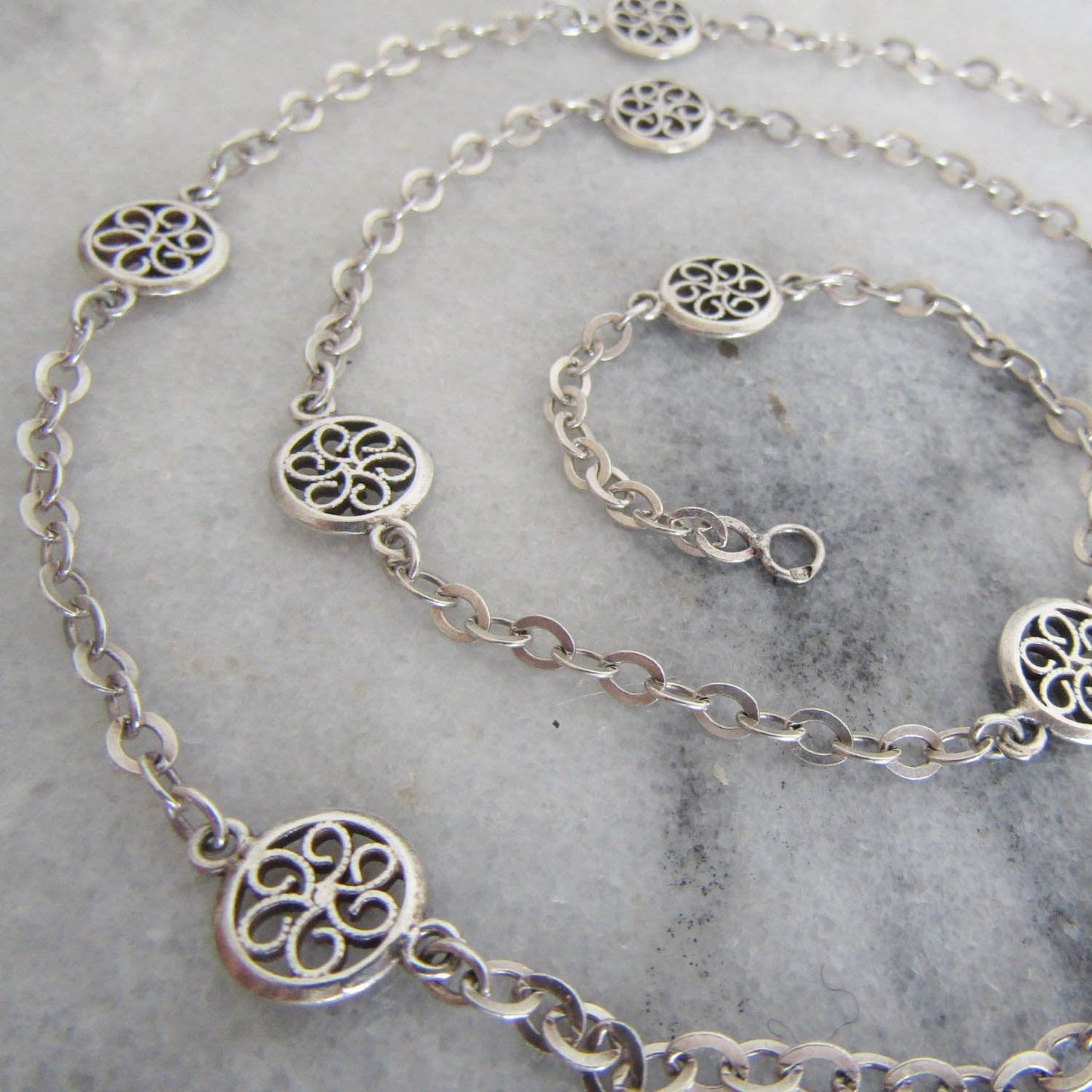 Antique French Silver Belle Epoque Sautoir Necklace with Round Filigree