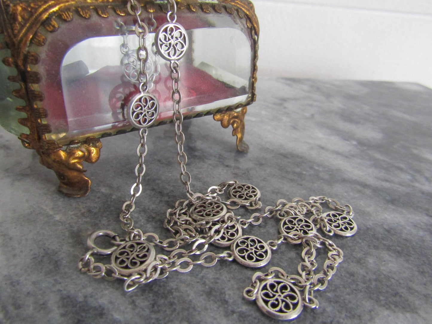 Antique French Silver Belle Epoque Sautoir Necklace with Round Filigree