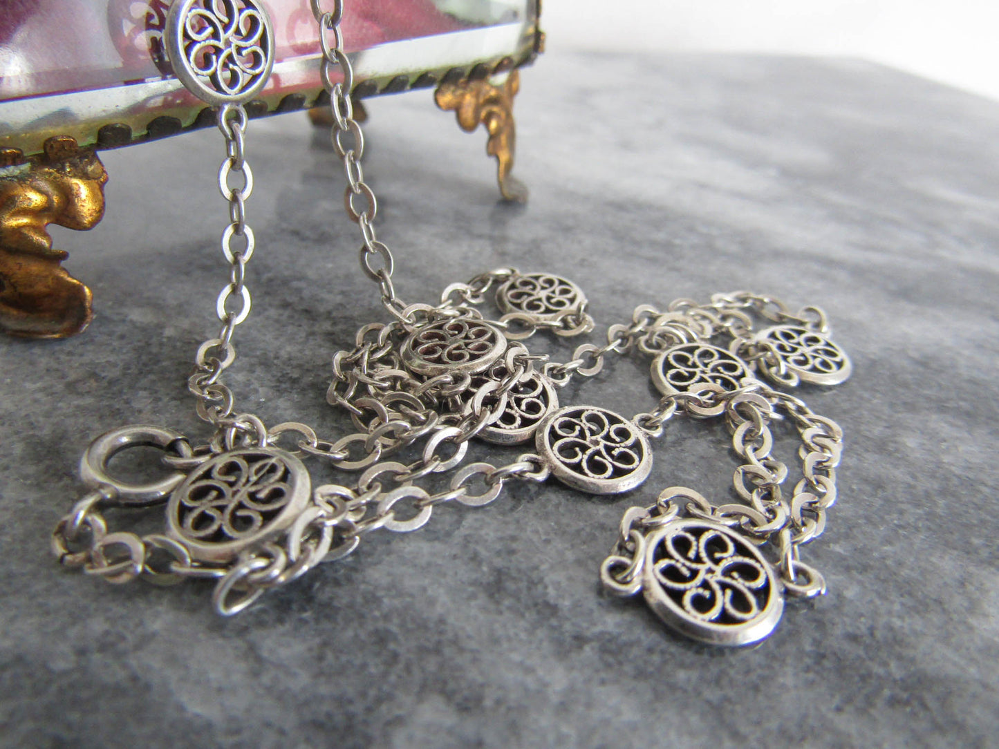 Antique French Silver Belle Epoque Sautoir Necklace with Round Filigree