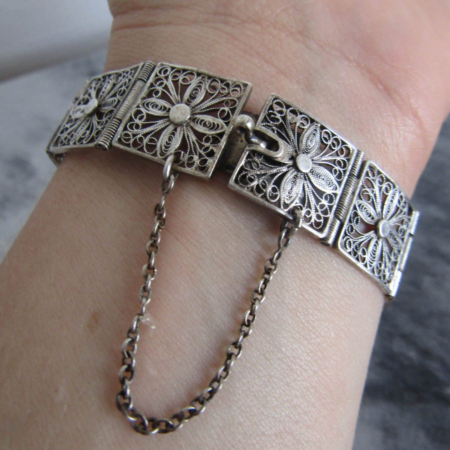 Antique French Solid Silver Filigree Bangle Bracelet, Belle Epoque Bracelet